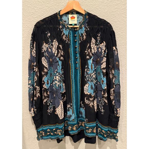 Farm Rio Blossom Black Bee Tapestry Smocked Blouse Size Medium - Picture 11 of 12